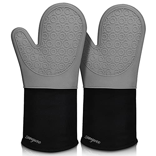 Sungwoo Extra lange Silikon-Ofenhandschuhe, langlebige, hitzebeständige Ofenhandschuhe mit gestepptem Innenfutter, rutschfeste, strukturierte Griffigkeit, perfekt für Grillen, Backen, 37.8 cm, grau von sungwoo