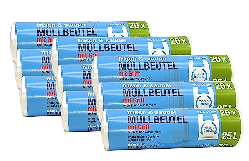 Müllbeutel Premium-Edition - Besonders reißfest und wasserdicht - Mit praktischem Trage-Griff für einfache Entsorgung und saubere Mülltrennung (25 Liter - 9 Rollen) von sunmando