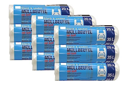 Müllbeutel Premium-Edition - Besonders reißfest und wasserdicht - Mit praktischem Trage-Griff für einfache Entsorgung und saubere Mülltrennung (35 Liter - 9 Rollen) von sunmando