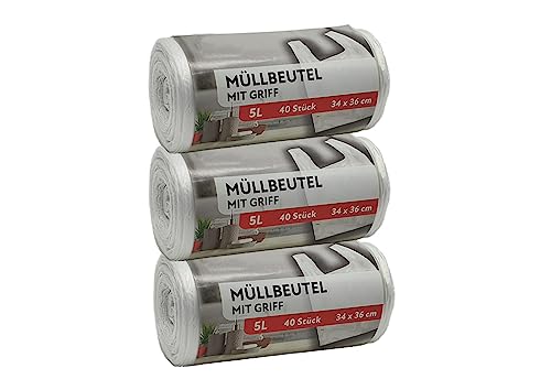 Müllbeutel Premium-Edition - Besonders reißfest und wasserdicht - Mit praktischem Trage-Griff für einfache Entsorgung und saubere Mülltrennung (5 Liter - 3 Rollen) von sunmando