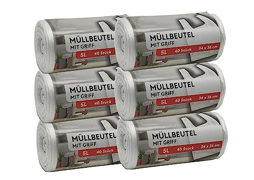 Müllbeutel Premium-Edition - Besonders reißfest und wasserdicht - Mit praktischem Trage-Griff für einfache Entsorgung und saubere Mülltrennung (5 Liter - 6 Rollen) von sunmando