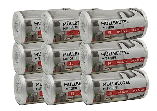 Müllbeutel Premium-Edition - Besonders reißfest und wasserdicht - Mit praktischem Trage-Griff für einfache Entsorgung und saubere Mülltrennung (5 Liter - 9 Rollen) von sunmando