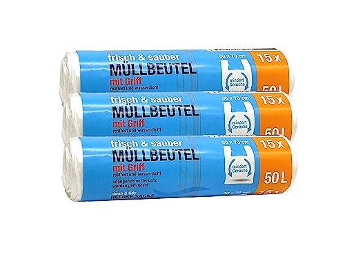 Müllbeutel Premium-Edition - Besonders reißfest und wasserdicht - Mit praktischem Trage-Griff für einfache Entsorgung und saubere Mülltrennung (50 Liter - 3 Rollen) von sunmando