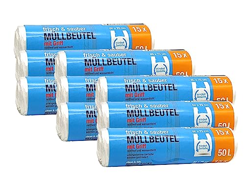 Müllbeutel Premium-Edition - Besonders reißfest und wasserdicht - Mit praktischem Trage-Griff für einfache Entsorgung und saubere Mülltrennung (50 Liter - 9 Rollen) von sunmando