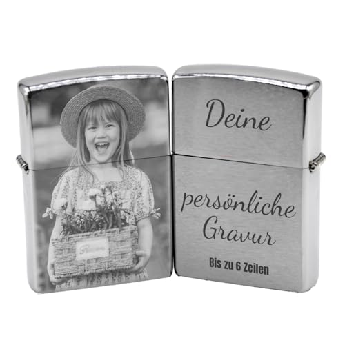 Edles Benzin-Sturmfeuerzeug mit individueller Gravur Persönliches Geschenk für Männer zu Weihnachten, Geburtstag oder Vatertag. (Beidseitig gelasert) von sunmando