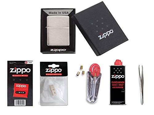 Zippo Erstzausstattungs-Set - Inklusive Sunmando Pinzette zum wechsel der Watte BZW des Dochtes: Zippo Feuerzeug Chrom + Benzin, Feuersteine, Docht und Watte (Zippo Set 3) von sunmando