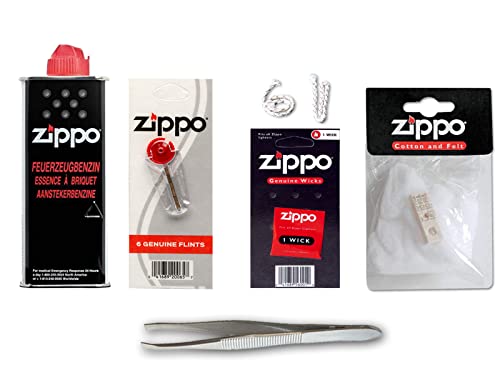 Zippo ReLife Set's inkl. Sunmando Pinzette zum Wechsel der Watte BZW. des Dochtes: 1x Zippo Benzin, 1x Zippo Docht, 6X Zippo Feuerstein, 1x Zippo Watte (Zippo Set 2) von sunmando