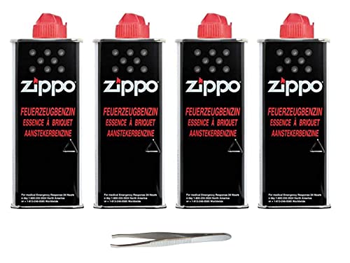 Zippo Zubehör Set's Inklusive Sunmando Pinzette zum wechsel der Watte BZW des Dochtes: 4 x 125ml Zippo Benzin (Zippo Set 1) von sunmando