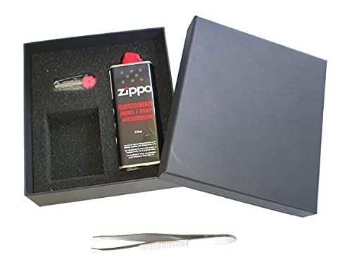 Zippo Zubehör Set's Inklusive Sunmando Pinzette zum wechsel der Watte BZW des Dochtes: Geschenkbox mit Benzin und Feuesteinen (Zippo Set 5) von sunmando