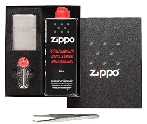 Zippo Geschenke Set inklusive Sunmando Pinzette zum wechsel der Watte BZW. des Dochtes: Mit Feuerzeug Chrome, Feuersteinen und Benzin. (Zippo Set 7) von sunmando