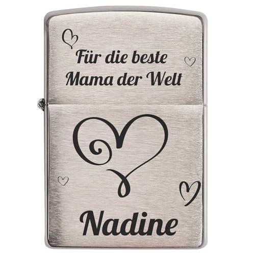 Zippo mit Gravur - Personalisiertes Zippo Benzinfeuerzeug - Geschenk für Mutter - Hochwertige, individuelle Spitzen-Lasergravur in Schwarz - Motiv: Für die Beste Mama der Welt mit Herz von sunmando