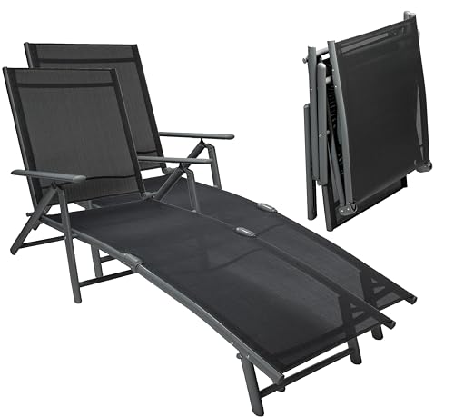 sunnypillow 2er Set Sonnenliegen klappbar 150 kg belastbar - Gartenliege aus Aluminium für Garten Balkon Terrassen wetterfest - Liegestuhl mit 8 Fach Verstellbarer Rückenlehne mit Armlehnen Anthrazit von sunnypillow