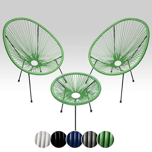 sunnypillow 2er Set Acapulco Gartenstühle mit Tisch - Loungesessel für Wohnzimmer, Terrasse, Garten, Balkon Sessel Stuhl - Korbsessel Gartensessel im Retro Design - Outdoor/Indoor - Grün von sunnypillow