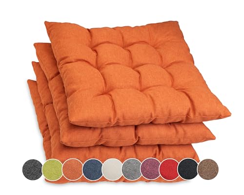 sunnypillow 4er Set Stuhlkissen mit Bändern 40x40 cm Bequeme Polsterauflage 8cm dick Auflage für Stühle/Bänke in Haus und Garten Sitzkissen Sitzauflage Gartenkissen Outdoor/Indoor | Orange von sunnypillow