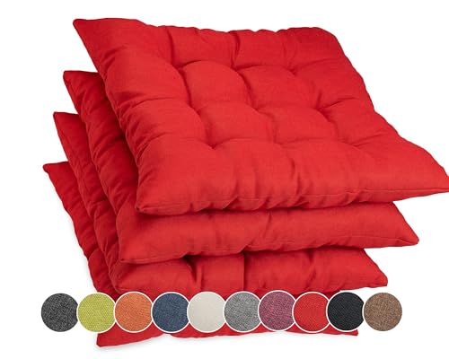 sunnypillow 4er Set Stuhlkissen mit Bändern 40x40 cm - Bequeme Polsterauflage 8cm dick - Auflage für Stühle/Bänke in Haus und Garten Sitzkissen Sitzauflage Gartenkissen Outdoor/Indoor - Rot von sunnypillow