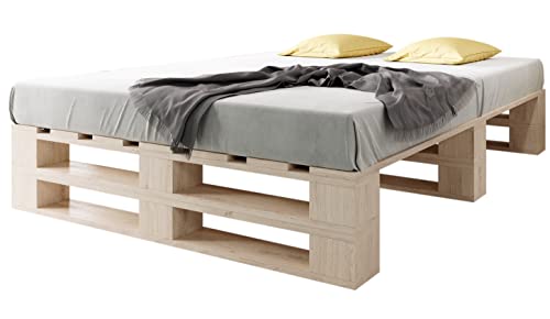 sunnypillow Palettenbett M2 aus Holz 140 x 200 cm mit Lattenrost, Doppelbett, Familienbett - erhöhtes Ehebett Bettgestell Futonbett Komforthöhe Naturholz Massivholzbett von sunnypillow