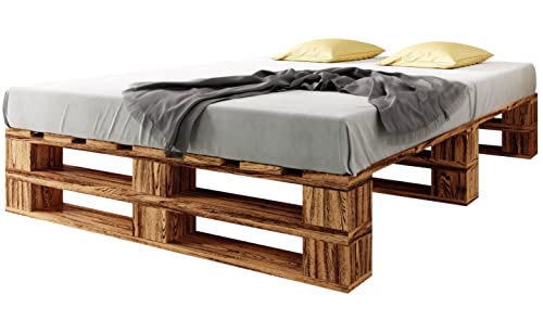 sunnypillow Palettenbett M2 aus Holz 180 x 200 cm mit Lattenrost, Doppelbett, Familienbett - erhöhtes Ehebett Bettgestell Futonbett Komforthöhe Geflammt Massivholzbett von sunnypillow