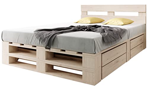 sunnypillow Palettenbett M2 aus Holz 200 x 200 cm mit Kopfteil und 2 Bettkästen Doppelbett, Familienbett - erhöhtes Ehebett Bettgestell Futonbett Komforthöhe Naturholz Massivholzbett sunnypillow Palettenbett M2 aus Holz 200 x 200 cm mit Kopfteil und 2 Bettkästen Doppelbett, Familienbett - erhöhtes Ehebett Bettgestell Futonbett Komforthöhe Naturholz Massivholzbett von sunnypillow