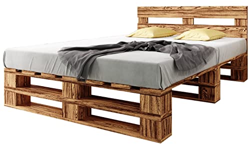 sunnypillow Palettenbett M2 aus Holz 200 x 200 cm mit Kopfteil und Lattenrost, Doppelbett, Familienbett - erhöhtes Ehebett Bettgestell Futonbett Komforthöhe Geflammt Massivholzbett sunnypillow Palettenbett M2 aus Holz 200 x 200 cm mit Kopfteil und Lattenrost, Doppelbett, Familienbett - erhöhtes Ehebett Bettgestell Futonbett Komforthöhe Geflammt Massivholzbett von sunnypillow