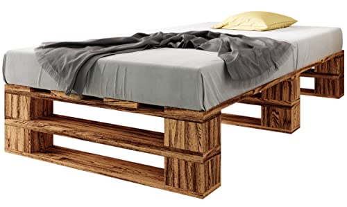 sunnypillow Palettenbett M2 aus Holz 90 x 200 cm mit Lattenrost Stabiles Seniorenbett Kinderbett Jugendbett Gästebett erhöhtes Einzelbett Bettgestell Futonbett Komforthöhe Geflammt von sunnypillow