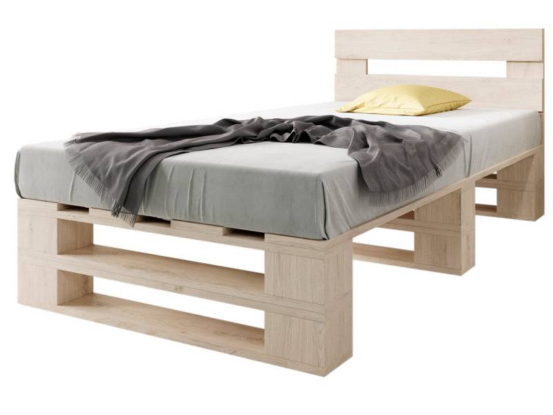 sunnypillow Palettenbett M2 aus Holz mit Kopfteil und 2 Bettkästen, 100 x 200 cm + Schubladen Natur von sunnypillow