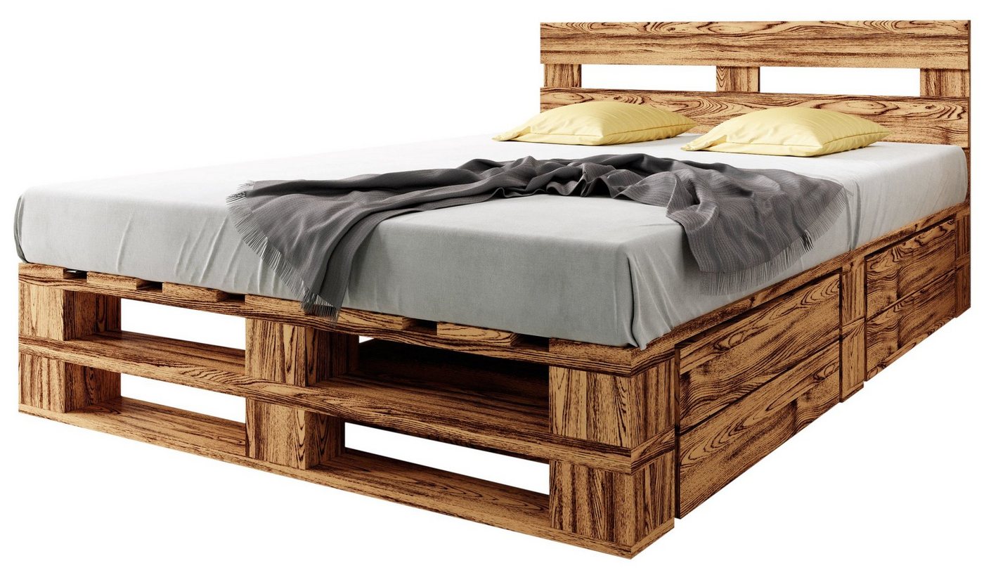 sunnypillow Palettenbett M2 aus Holz mit Kopfteil und 2 Bettkästen, 140 x 200 cm + Schubladen Geflammt von sunnypillow
