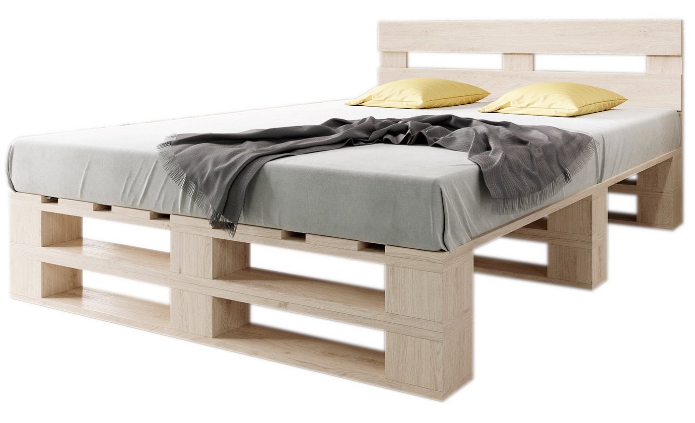 sunnypillow Palettenbett M2 aus Holz mit Kopfteil und 2 Bettkästen, 140 x 200 cm + Schubladen Natur von sunnypillow