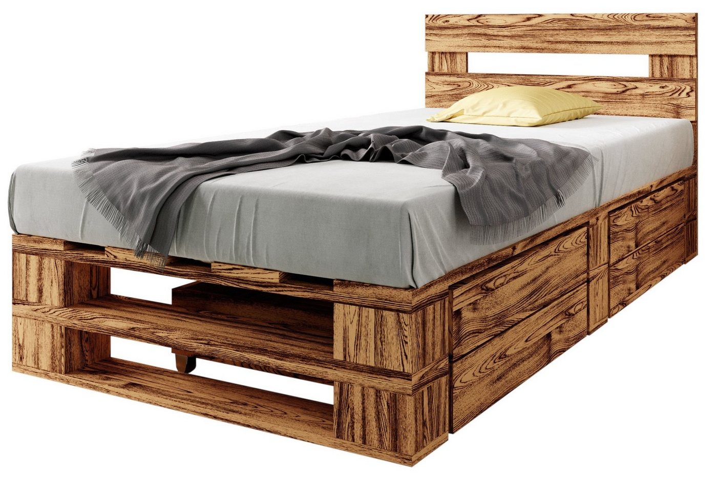 sunnypillow Palettenbett M2 aus Holz mit Kopfteil und 2 Bettkästen, 80 x 200 cm + Schubladen Geflammt von sunnypillow