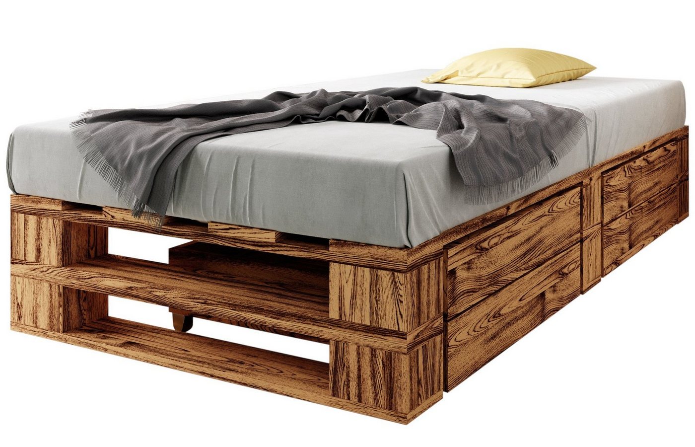 sunnypillow Palettenbett M2 aus Holz mit Lattenrost und 2 Bettkästen, 120 x 200 cm + Schubladen Geflammt von sunnypillow