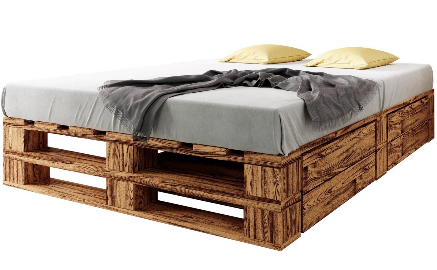 sunnypillow Palettenbett M2 aus Holz mit Lattenrost und 2 Bettkästen, 140 x 200 cm + Schubladen Geflammt von sunnypillow
