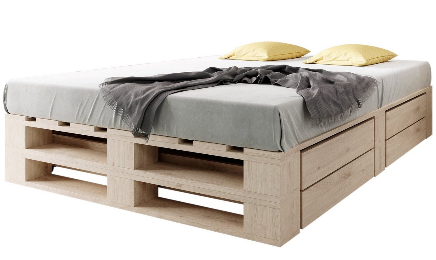 sunnypillow Palettenbett M2 aus Holz mit Lattenrost und 2 Bettkästen, 180 x 200 cm + Schubladen Natur von sunnypillow