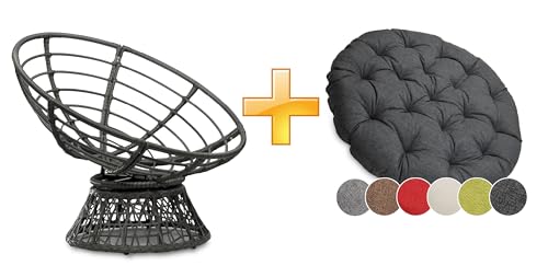 sunnypillow Papasansessel | Rattansessel mit Kissen rund Durchmesser 120 cm | gemütlicher Loungesessel drehbar für Wohnzimmer | Balkon Sessel Korbsessel Rattan Lesesessel | Outdoor/Indoor | Antrazit von sunnypillow