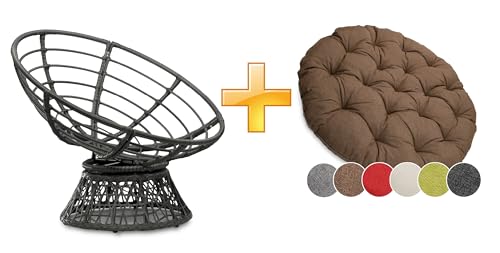 sunnypillow Papasansessel | Rattansessel mit Kissen rund Durchmesser 120 cm | gemütlicher Loungesessel drehbar für Wohnzimmer | Balkon Sessel Korbsessel Rattan Lesesessel | Outdoor/Indoor | Braun von sunnypillow