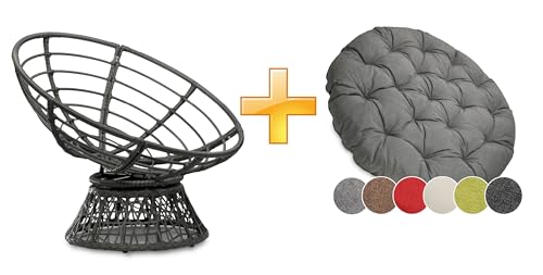 sunnypillow Papasansessel | Rattansessel mit Kissen rund Durchmesser 120 cm | gemütlicher Loungesessel drehbar für Wohnzimmer | Balkon Sessel Korbsessel Rattan Lesesessel | Outdoor/Indoor | Grau von sunnypillow