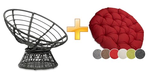 sunnypillow Papasansessel | Rattansessel mit Kissen rund Durchmesser 120 cm | gemütlicher Loungesessel drehbar für Wohnzimmer | Balkon Sessel Korbsessel Rattan Lesesessel | Outdoor/Indoor | Rot von sunnypillow