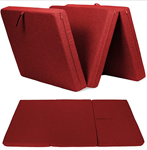 sunnypillow Premium Klappmatratze 120 x 195 x 15cm Rot | 4-teilige Faltmatratze mit abnehmbarem Bezug | Schaumstoff extra dick 15cm | Matratze faltbar klappbar Gästematratze Reisematratze | von sunnypillow