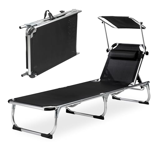 sunnypillow Sonnenliege mit Dach, Strandliege klappbar leicht - 150 kg belastbar - Gartenliege aus Aluminium für Garten Balkon Terrassen Pool - Liege mit 7 Fach Verstellbarer Rückenlehne - Schwarz von sunnypillow