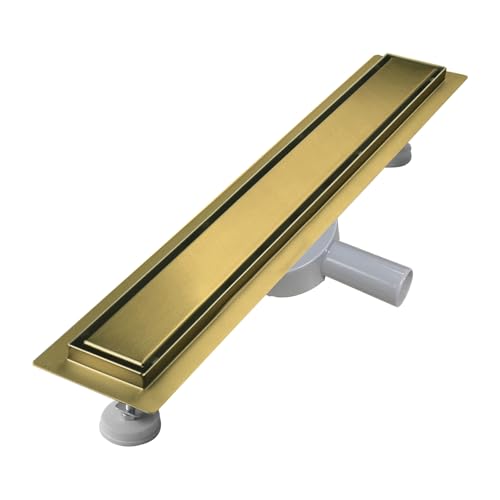 sunrik Duschrinne 50 cm, Gold Befliesbar Duschrinne extra flach, Edelstahl Bodenablauf Komplettset mit 360°Siphon Haarsieb von sunrik