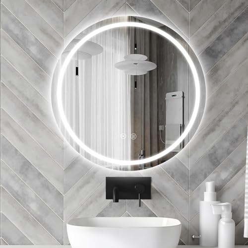 sunrik LED Badspiegel Rund 50cm,Badezimmerspiegel mit Beleuchtung mit 3 Lichtfarbe dimmbar,Badezimmerspiegel mit Speicherfunktion und Touchschalter,IP44 Energiesparend von sunrik