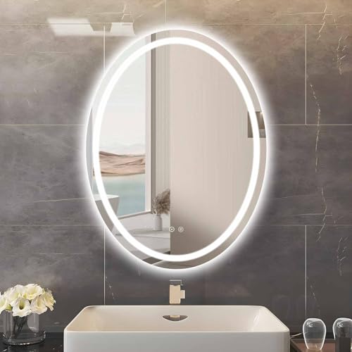 sunrik LED Badspiegel 70x90cm, Ovales Badezimmerspiegel mit Beleuchtung, Badezimmerspiegel mit Beleuchtung mit 3 Lichtfarbe dimmbar, Touch-Schalter, Entnebelung von sunrik
