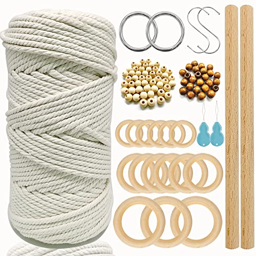 Makramee Set für als Anfänger Macramee Garn 4mm 100m,70 Pcs Holz Perlen,15O Pcs Holzringe,2 Pcs Holzstäbchen,2 Metall Makramee Ring,2 S-Haken für Makramee-Anfänger von suo long