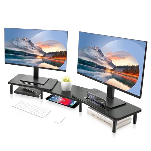 suptek Dual Monitor Stand Riser, 3 Höhenverstellbarer Desktop Monitorständer mit Schlitz, Monitor Erhöhung Schreibtisch Organizer für Laptop, PC, Drucker bis zu 20kg, Holz Bildschirmerhöhung MST023 von suptek