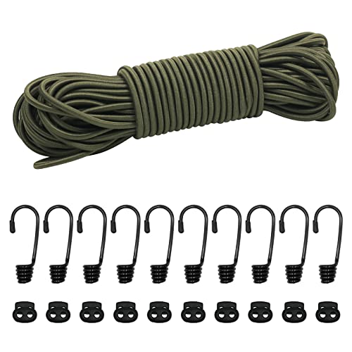 suruikei Gummiseil 5mm 20m dunkelgrün, elastisches Expanderseil Gummischnur Gummikordel Gummiband Planenseil Spannseil mit Haken Zubehör DIY (Dunkelgrün, 5mm x 20m) von suruikei