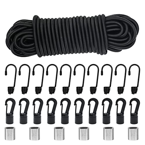suruikei Gummiseil 6mm 15m schwarz, elastisches Expanderseil Gummischnur Gummikordel Gummiband Planenseil Spannseil mit Haken Zubehör DIY (Schwarz, 6mm x 15m) von suruikei