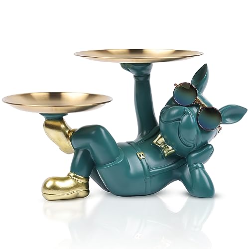 suruim Französische Bulldogge Tablett Deko Statue, Hund Skulptur, Hund Dekofigur Aufbewahrungs Tablett Statue Mit Tablett (Grün -2) von suruim