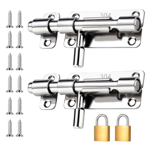SUUFRUE Türriegel, 2 Stück Edelstahl 304 Schieberiegel Schiebeschloss, Riegelschloss mit Zwei Schlössern für Türen Fenster, Bolzenriegel Schlossriegel für Verriegelung von Innen- & Außentüren, Silber von suufrue
