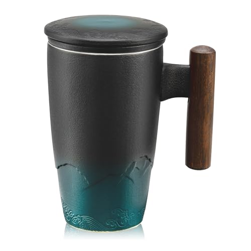 suyika Keramik-Teetasse mit Teesieb und Deckel, Teetassen mit Holzgriff, 400 ml, Dunkelgrün von suyika