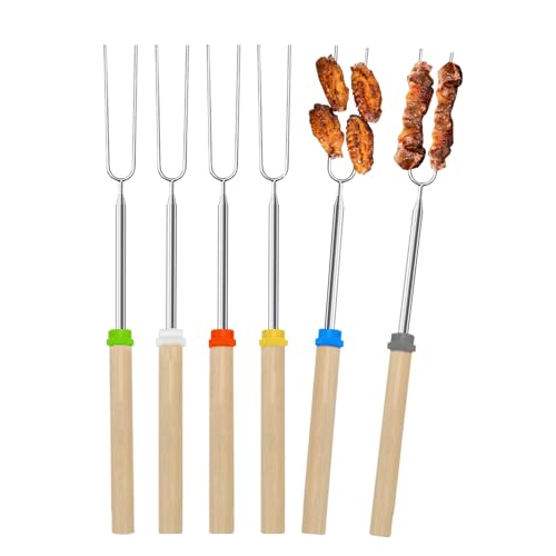 svpfuo 6 Stück Stockbrot Spieße, Einziehbar Grillspieße 31.5-81.5 cm, Grillspieße Lagerfeuer Edelstahl, mit Isoliertem Griff aus Massivholz, Geeignet für Camping, Gartenparty, Grillparty von svpfuo