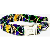 Federn & Perlen - Lila, Grün Und Gold Mardi Gras Hundehalsband Von Swanky Pet von swankypet