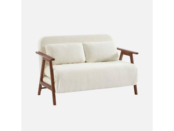 2-Sitzer Schlafsofa aus nussbaumfarbenem Heveaholz mit strukturiertem Bouclé-Bezug Weiß - sweeek 2-Sitzer Schlafsofa aus nussbaumfarbenem Heveaholz mit strukturiertem Bouclé-Bezug Weiß - sweeek von sweeek